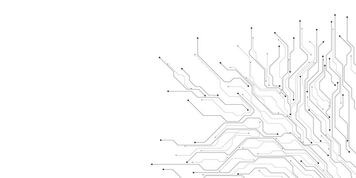 Abstract Technology Network, Digital Circuit Board Pattern, Futuristic Data Flow Connections, Clean White Background Vector