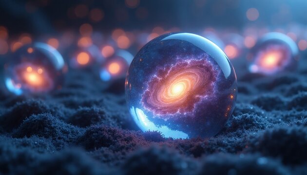 Cosmic galaxy spheres glow on dark textured ground. Deep space orbs reflect nebulae, stars creating mystical, futuristic, fantasy atmosphere. Universe concept.