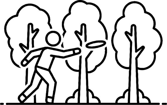 Person throwing frisbee between trees outdoors activity.