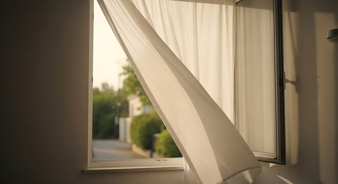 Curtain opens to reveal a serene street view through a window.