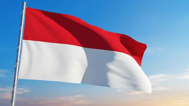 Red and white national flag waving against a clear blue sky