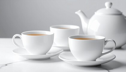 Fototapeta premium A realistic and atmosphere photo, no people, just clean white cups of tea and white teapot.