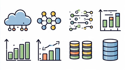 Fototapeta premium Collection of digital graphs and data icons showing growth analysis charts and database symbols in bright colors