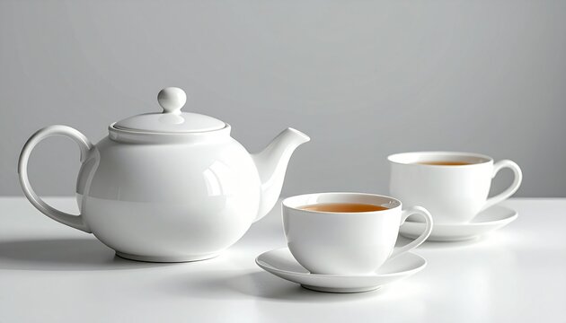 A realistic and atmosphere photo, no people, just clean white cups of tea and white teapot.