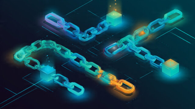 Digital Blockchain Technology Concept with glowing interconnected chain links and data nodes in futuristic style