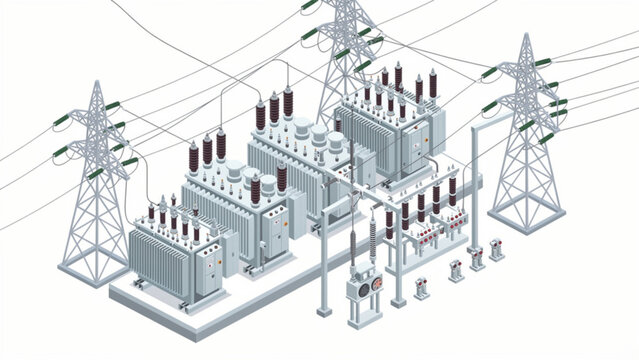 Modern electrical substation with transformers insulators and power lines for energy infrastructure