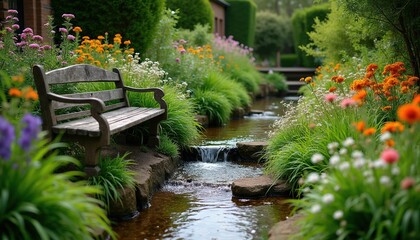 Fototapeta premium Rustic wooden bench sits beside tranquil stream. Rich green grass, colorful flowers, and small waterfall create a peaceful garden scene. Water flows over rocks into clear pool.