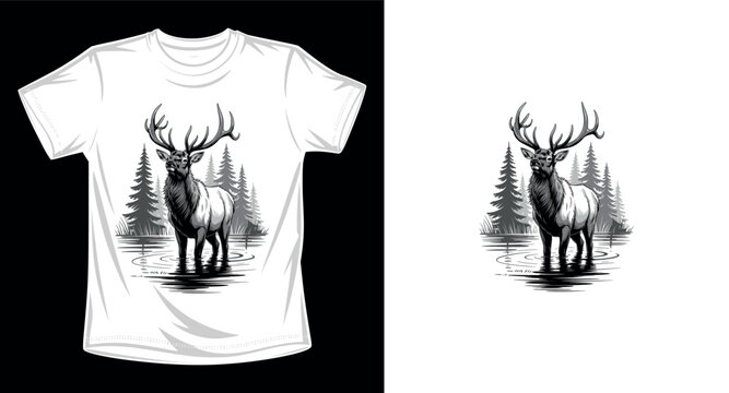 Majestic elk standing in shallow water with pine trees in background.