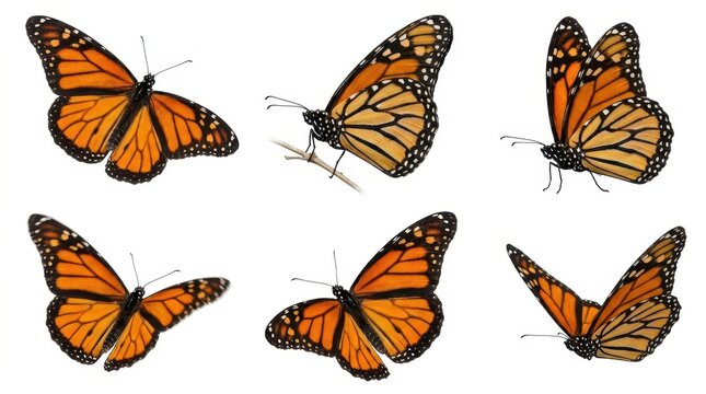 Collection of monarch butterflies isolated on white background