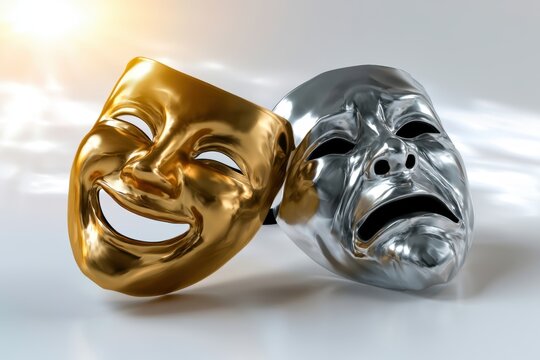Two shiny theatrical masks representing comedy and tragedy emotions with contrasting gold happy face and silver sad face on a smooth surface under sunlight