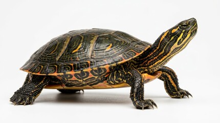 Obraz premium Painted turtle standing on a plain surface isolated on white background