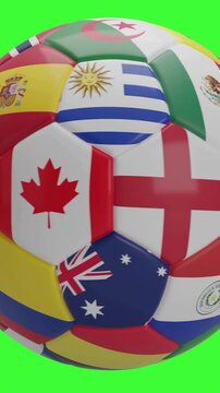 3D animation of a soccer ball textured with international flags for the 2026 world football championship