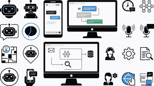 AI Chatbot Icon Set with Customer Support Assistant Elements, Mobile UI Chat Bubbles and Automated Messaging System Flowcharts for Digital Communication Design