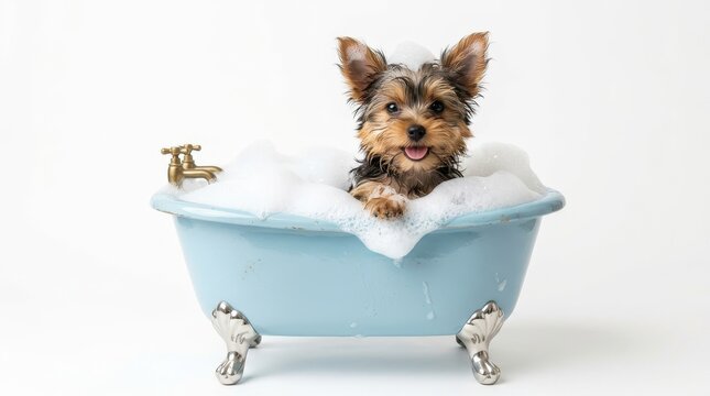 Cute yorkshire terrier puppy sitting in a small blue vintage bathtub filled with soapy water isolated on white background