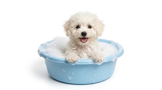 Cute white bichon frise puppy sitting in a small blue plastic basin filled with soapy water isolated on white background