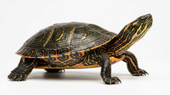 Painted turtle standing on a plain surface isolated on white background