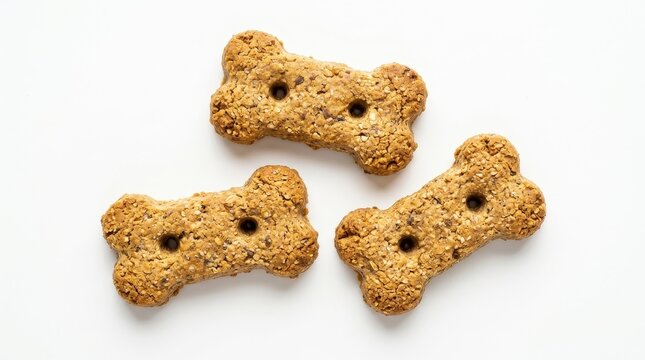 Three dog bone shaped biscuits isolated on white background