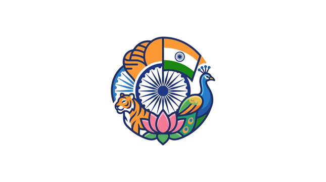 Indian National Symbols Circular Vector Illustration with Tiger Peacock and Lotus Flower