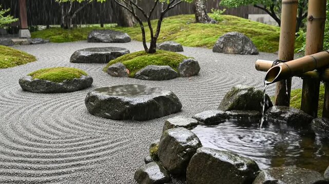 Zen garden bamboo water fountain with raked gravel and mossy stones for meditation and mindfulness relaxation background