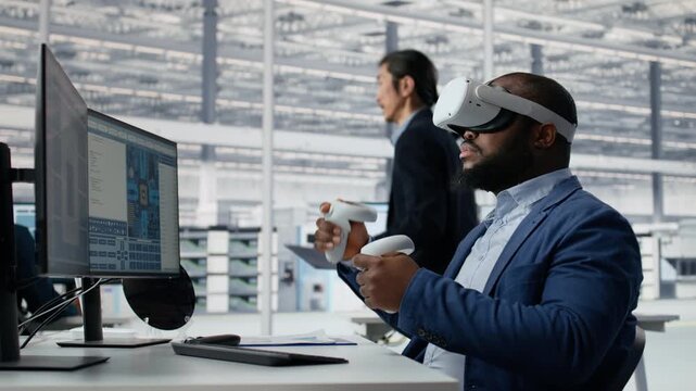Microchip factory lab specialist using VR headset to analyze chip architecture, African American employee programming circuits layout in office with virtual reality tech for semiconductor research.
