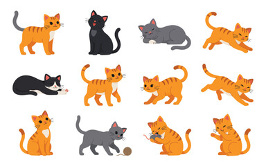 Fototapeta premium Cute Cartoon Cat Collection Various Poses and Colors, Adorable Feline Character Set for Sticker Design, Kids Illustration and Pet Theme Graphics