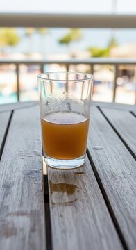 A generic lukewarm beverage sits forgotten on a weathered balcony table, symbolizing the monotonous and profoundly underwhelming vacation experience, forgotten, drink, lonely