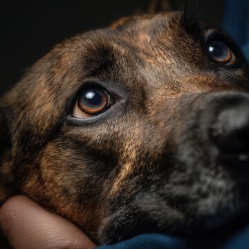 Close-up of a brindle dog's soulful eyes resting on a gentle human hand, showcasing deep emotion and intimate bond in soft lighting against a dark background