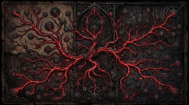 gothic fantasy design, a dark fantasy skill tree with glowing crimson veins and intricate branches