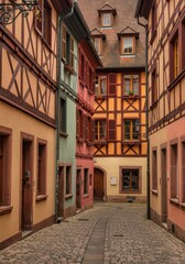 Fototapeta premium Classic European half-timbered house facades featuring bright colors, traditional construction, and historic charm along a narrow pedestrian alleyway, spring, daytime, village