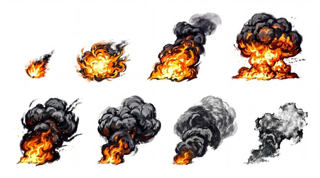 game animation effects, a vibrant sprite sheet featuring eight hand-painted frames of expanding flames and smoke