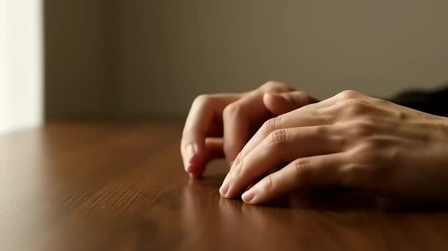 Hands Resting on Wooden Table Surface.