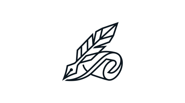Minimalist black and white quill feather pen and ink scroll logo design