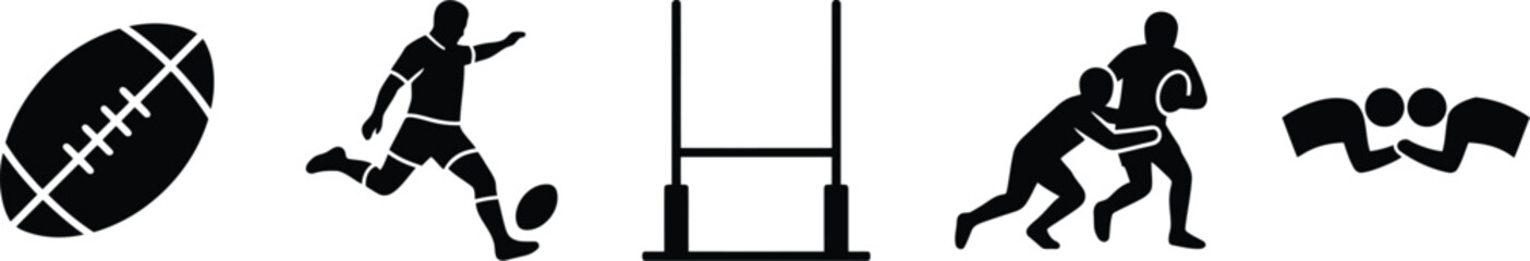 Black silhouettes of rugby players and goalpost © Top Stock