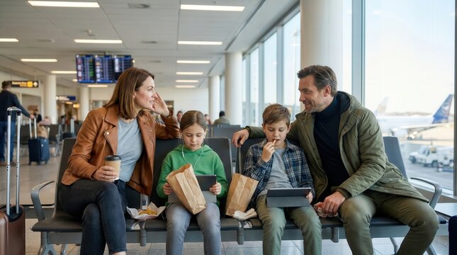 Parents and children relax in a bright airport terminal while waiting for their flight. Kids use digital tablets and snack from paper bags, embodying modern family vacation and travel convenience.