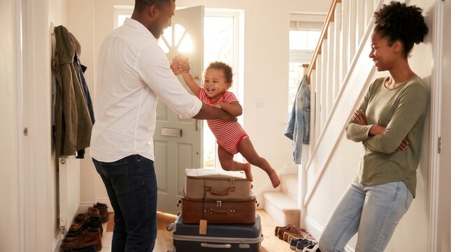 Joyful family in bright home entryway. Father lifts laughing baby on suitcases, mother smiles. Captures travel excitement and new beginnings.