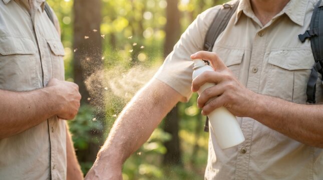 Man applies insect repellent spray to his arm in a sunny forest, warding off visible flying insects for safe outdoor adventures and health.