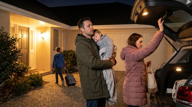 Family arrives home at night. Father holds sleeping baby, mother unloads car. Child pulls suitcase to lit house. Safe return, domestic comfort.