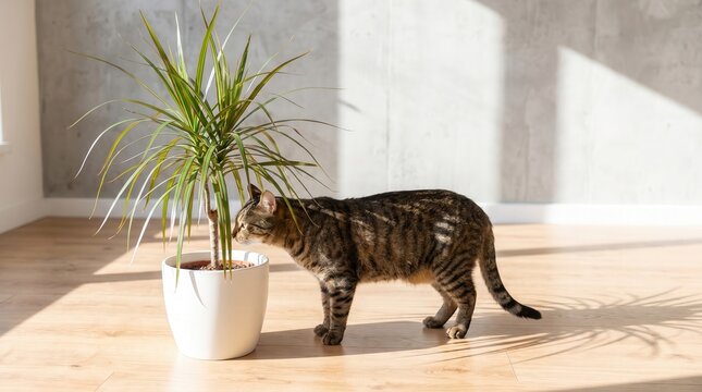 A beautiful domestic tabby cat curiously sniffs a vibrant Dracaena houseplant bathed in sunlight within a modern, peaceful home. Symbolizes pet companionship and tranquil indoor living.