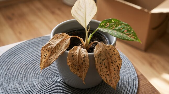 Potted Aglaonema houseplant with brown, spotted, wilting leaves, symbolizing plant neglect, health decline, and common indoor gardening challenges.
