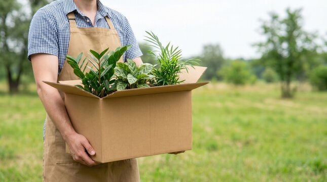 Gardener delivers a box of varied houseplants, including Zamioculcas, Maranta, and Chamaedorea. Evokes green living, sustainable gardening, and a fresh start.