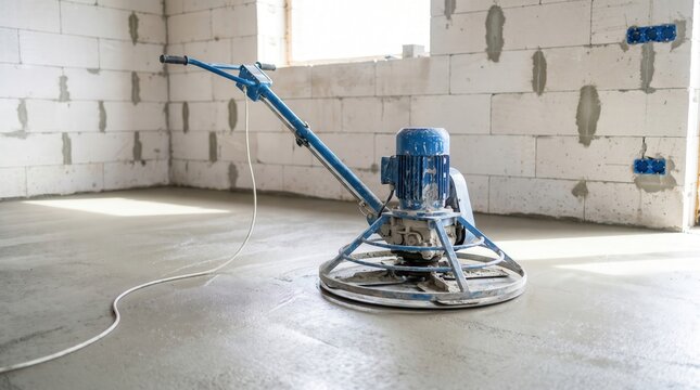 A blue power trowel machine processes a freshly laid concrete floor in a new building. Essential for a smooth, durable surface in construction.