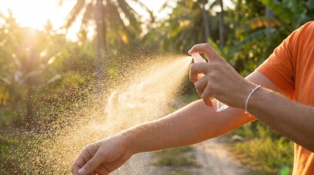 A person applies insect repellent spray to their arm, droplets illuminated by golden tropical sunlight. Essential for health, safety, and enjoying outdoor leisure in mosquito-prone environments.