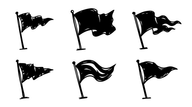 Set of six black hand drawn flags waving in the wind on white background