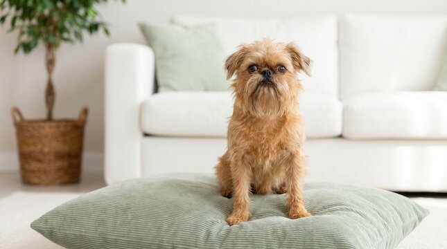 Brussels Griffon dog, scruffy brown fur, sits on green cushion. Bright, modern living room conveys pet companionship, comfort, domestic tranquility.