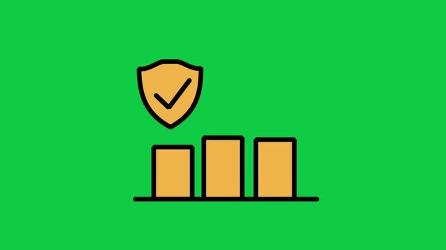 Secure Financial Investment Animated Icon. Animated flat line icon displaying a growing business chart protected by a security shield on a green screen background.