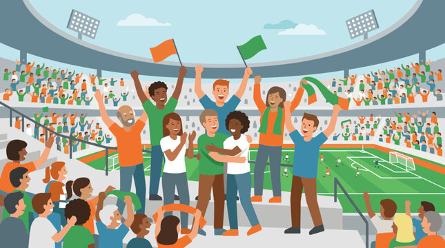Diverse group of happy soccer fans cheering in a stadium with flags and scarves