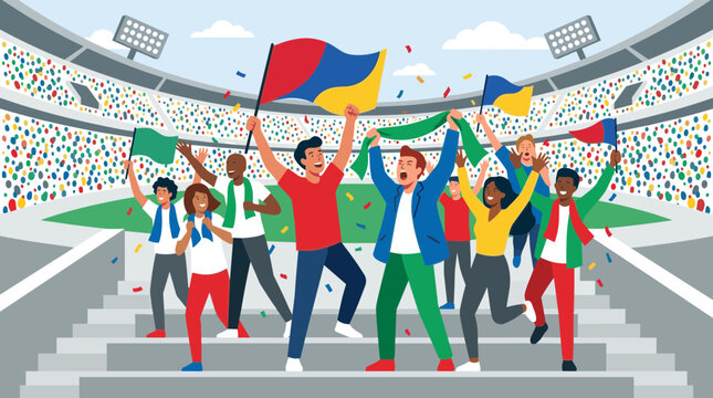 Diverse group of happy sports fans cheering in a stadium with flags and confetti