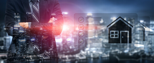 A businessman stands confidently in front of a stunning urban skyline, symbols of real estate and checklists beside him, representing opportunities and success in the property market. Gantry © InfiniteFlow