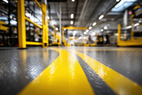 Industrial warehouse floor with bright yellow safety lines guiding through equipment and machinery in a spacious manufacturing facility environment