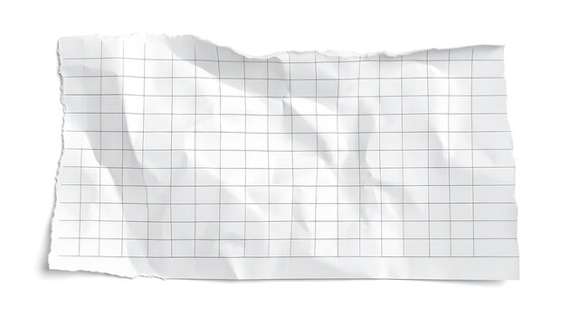 Isolated crumpled white graph paper sheet with torn edges, texture for overlays, planning, mathematical calculations, papercraft, stationery element